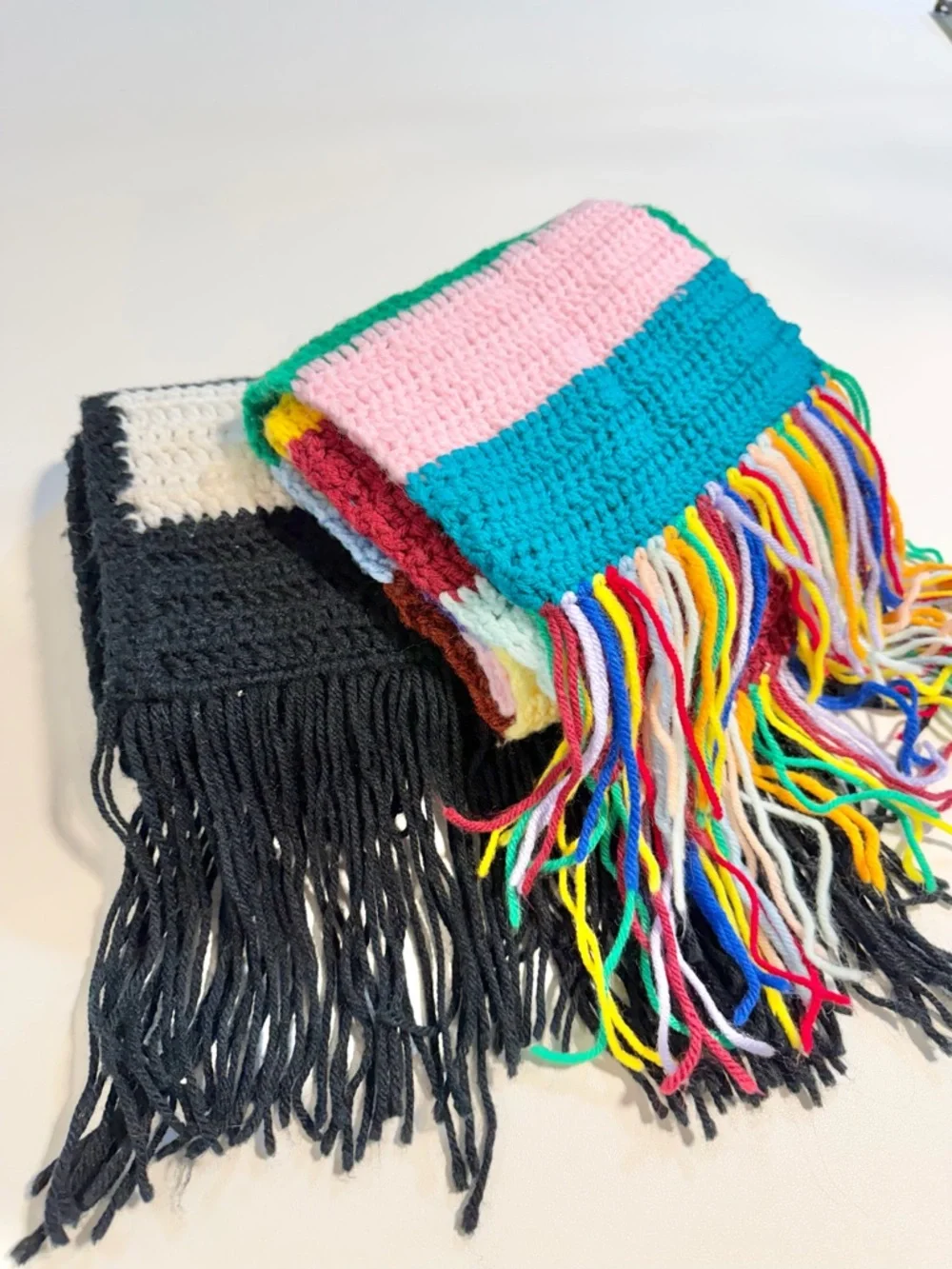 Crochet‎ scarf set long fringe rainbow multicolor black white stripe bold funky